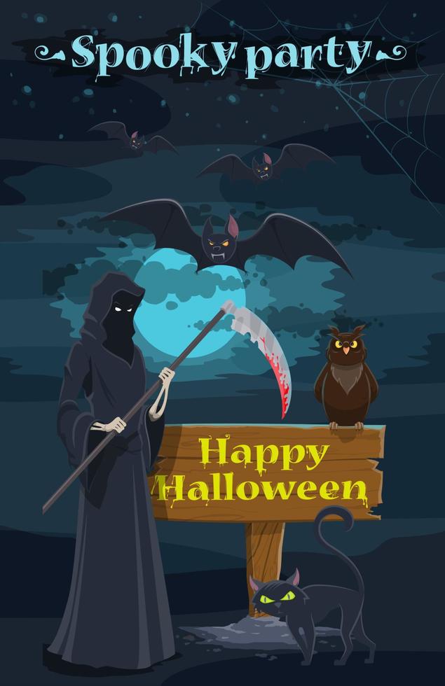 banner de fiesta de noche de vacaciones de halloween con esqueleto vector