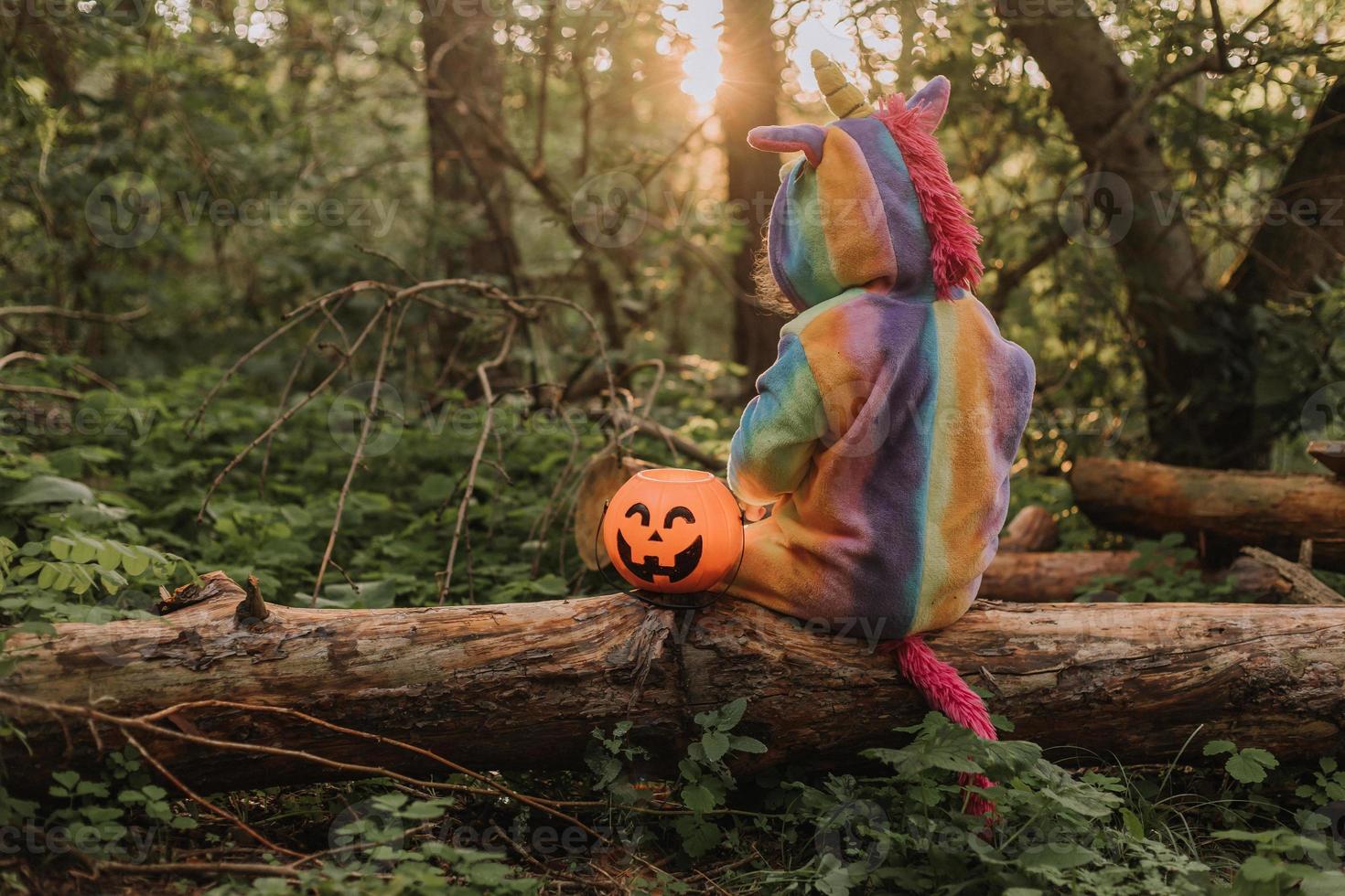 little girl in a rainbow unicorn Halloween costume with a pumpkin basket for sweets is sitting on a stump at a forest sunset. a fabulous wonderful magical forest. space for text. High quality photo