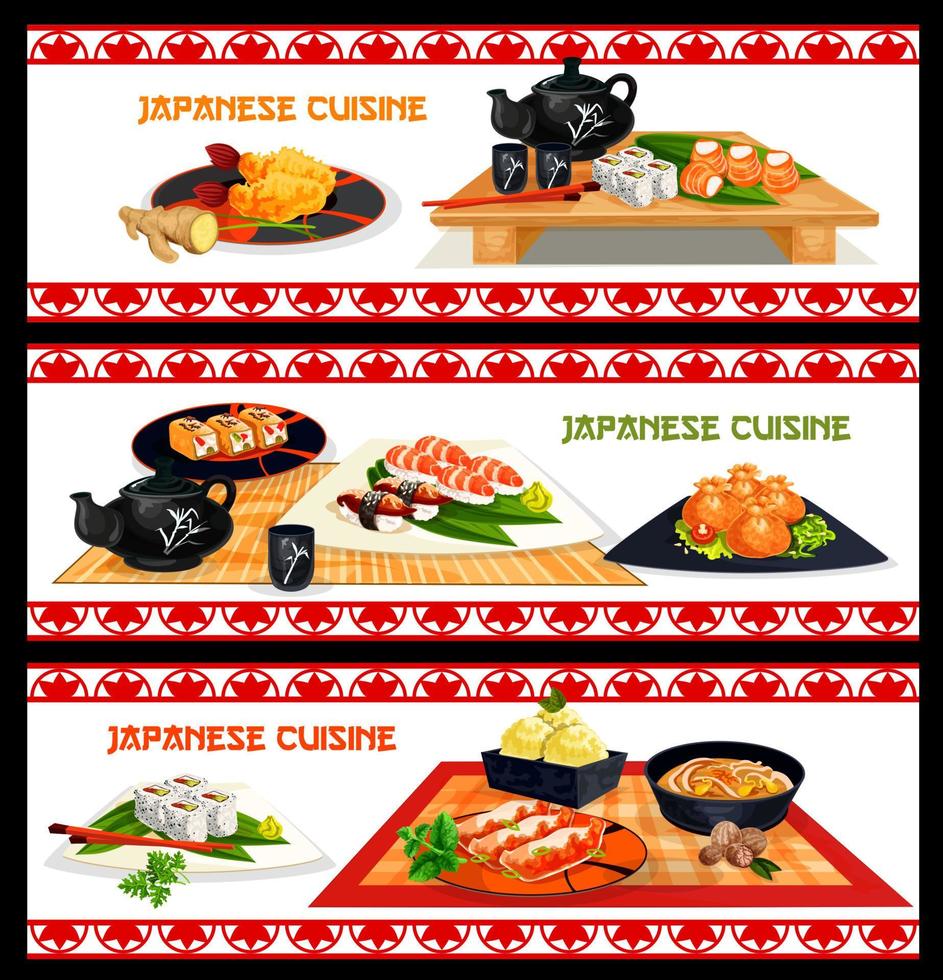 Japanese seafood dishes banner set menu design vector