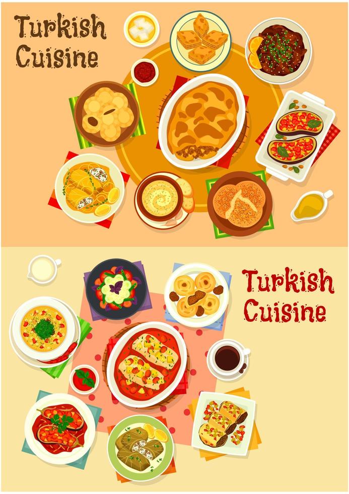 Turkish cuisine dinner with delight icon set vector