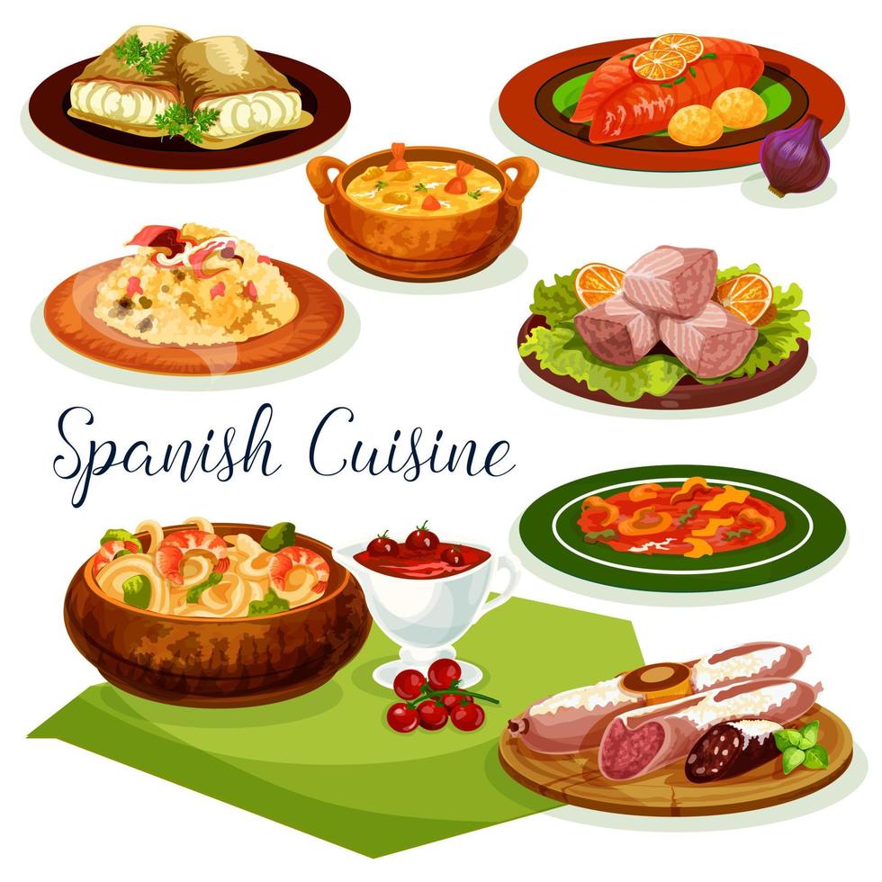 diseño de icono de dibujos animados de menú de cena de cocina española vector