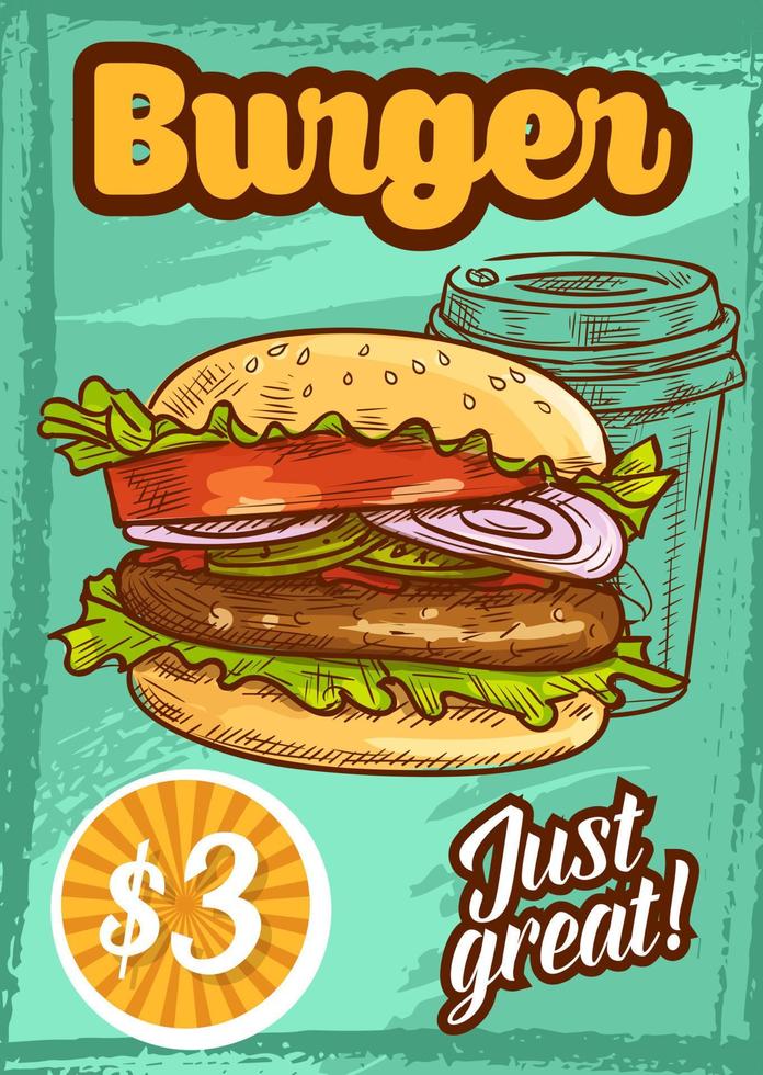 cartel de boceto de comida rápida de hamburguesa de vector de comida rápida