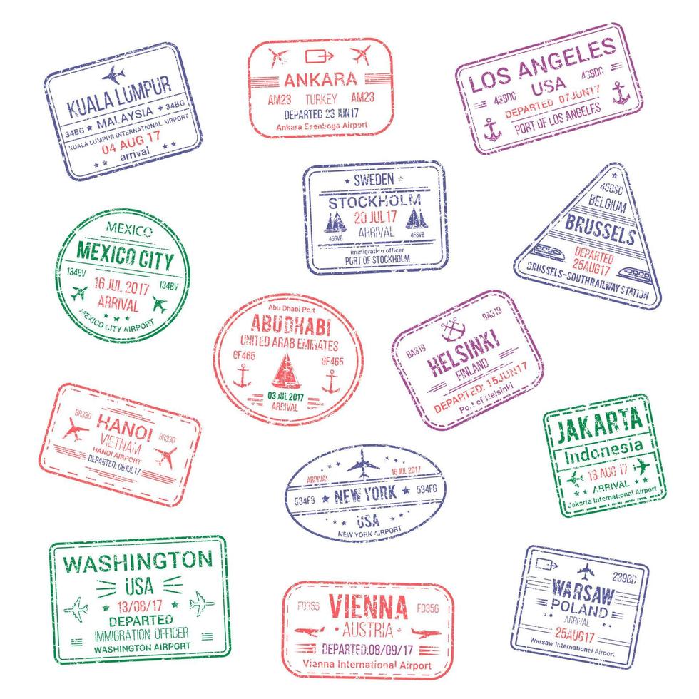 Vector icons of city passport stamps world travel