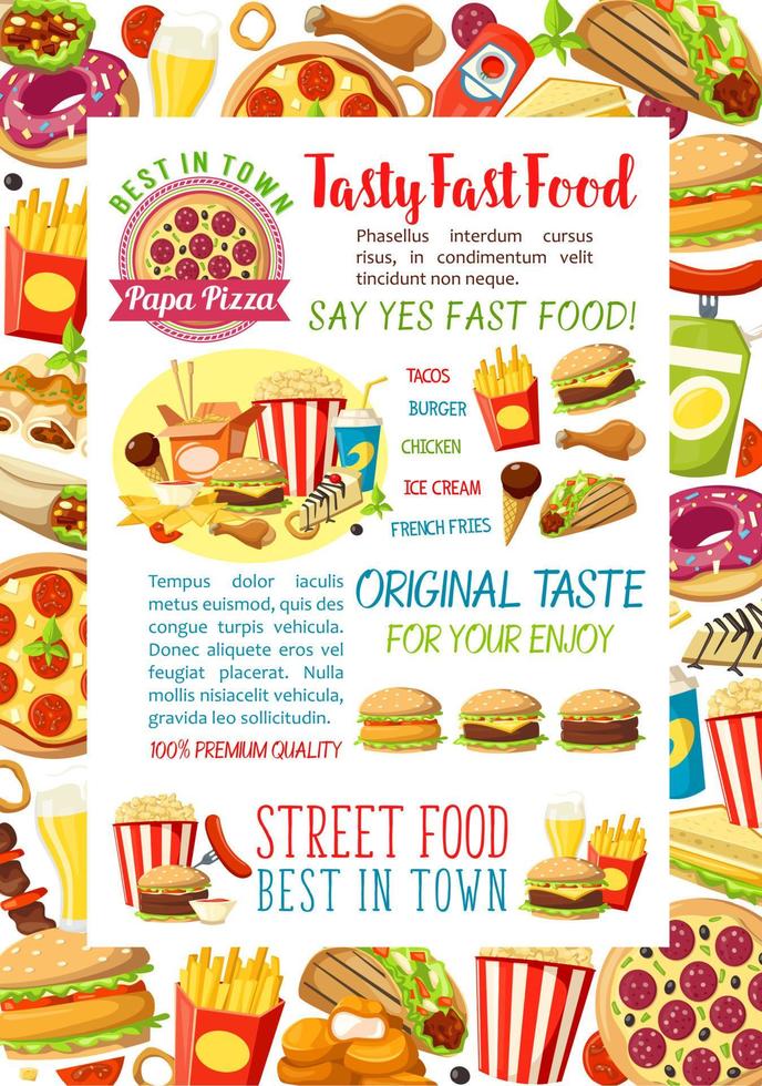 cartel de vector de comidas y bocadillos de hamburguesas de comida rápida