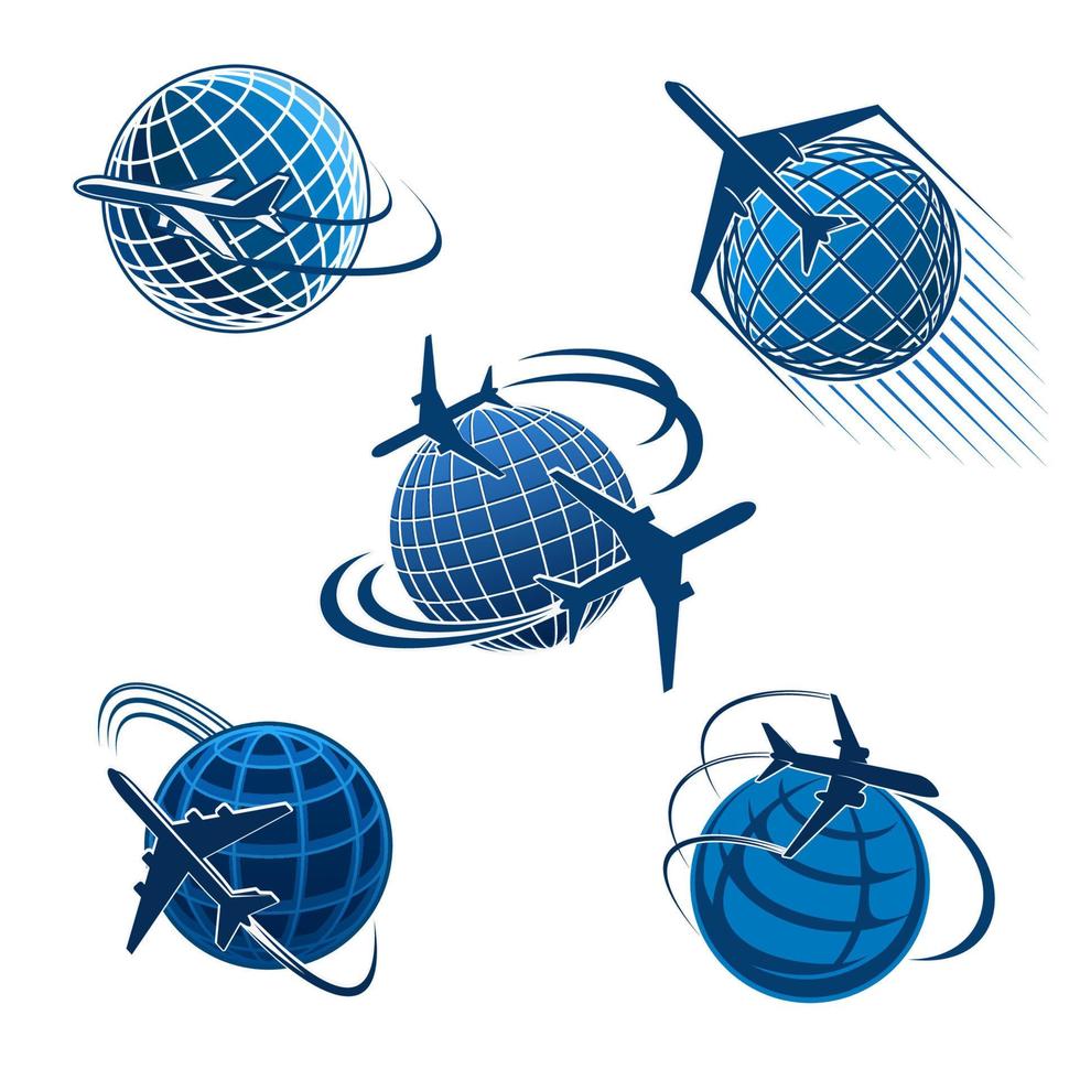 icono de viaje alrededor del mundo con avión y globo vector