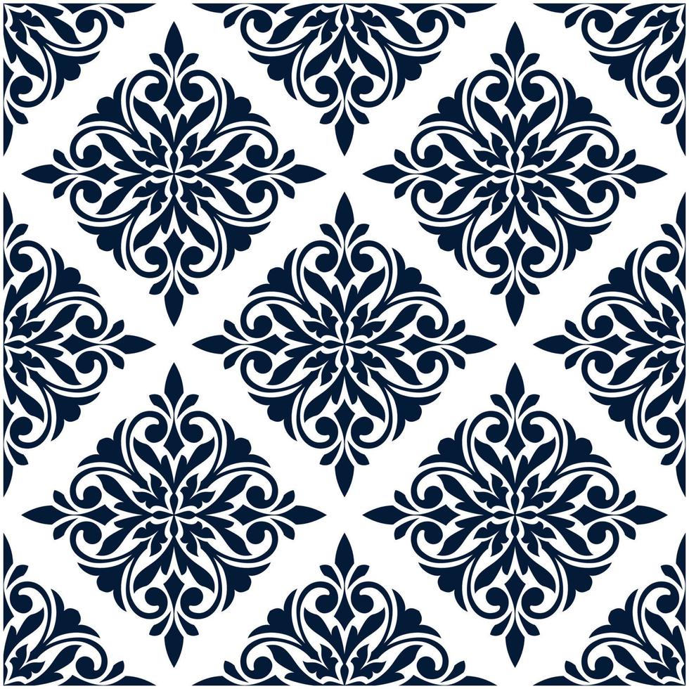 Damask seamless pattern with blue floral ornament vector