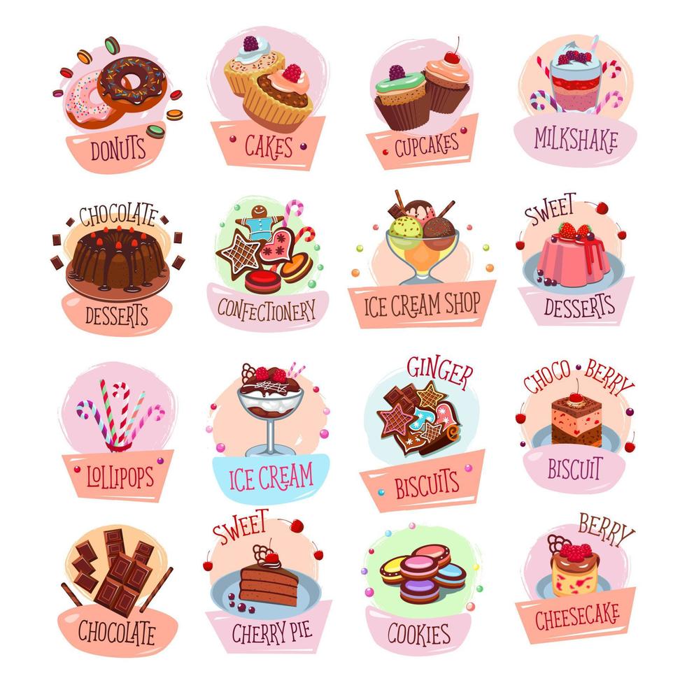 Iconos de caca de postre vectorial para cafetería de panadería vector