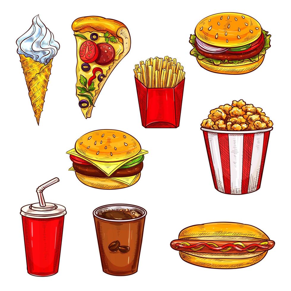 boceto de comida rápida con hamburguesa, bebida, postre vector