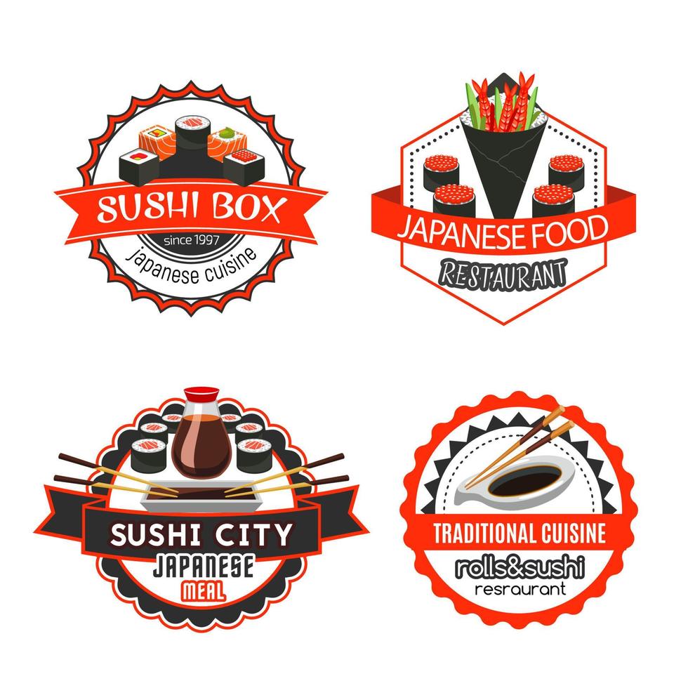 Sushi, japanese food isolated badge set design vector