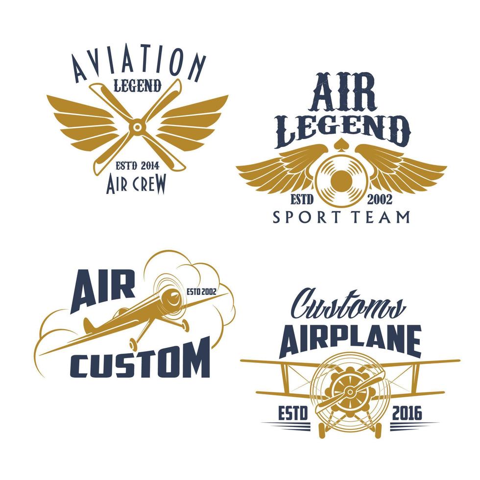 Aviation retro airplane sport team vector icons