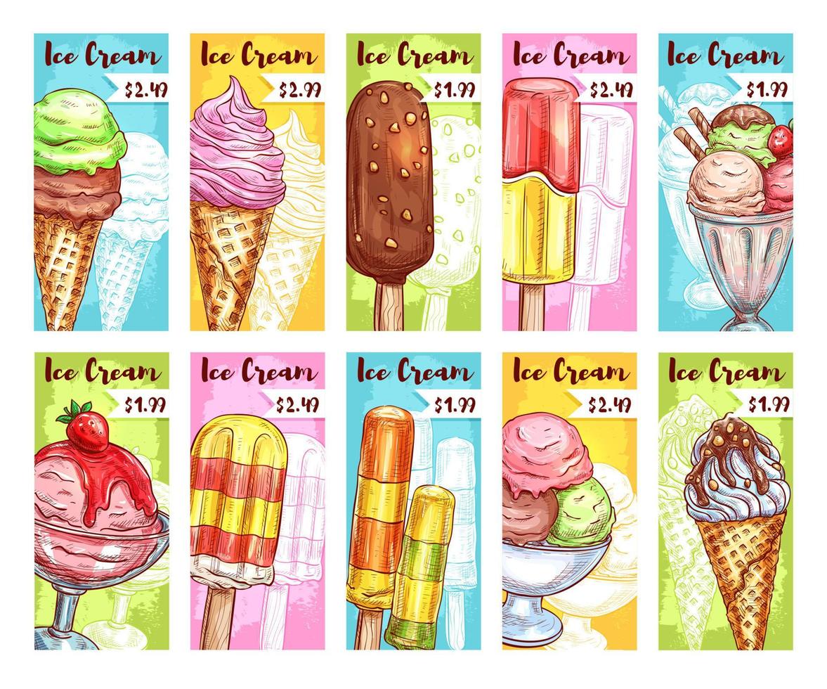 Ice cream vector price cards for fresh desserts