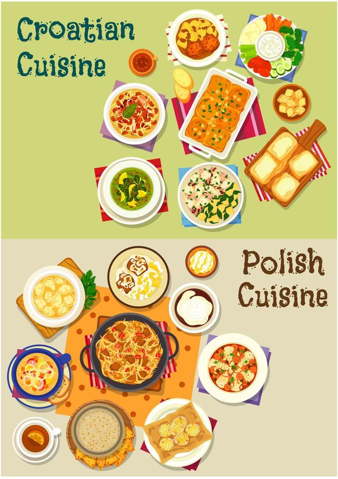Polish and croatian cuisine icon set, food design vector