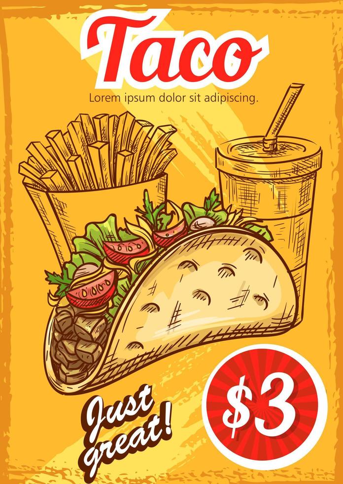 comida rápida vector tacos papas fritas café boceto menú