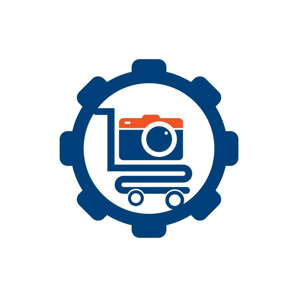 Camera Shop gear shape concept Logo vector icon. Shopping Cart with Camera Lens Logo Design Template.