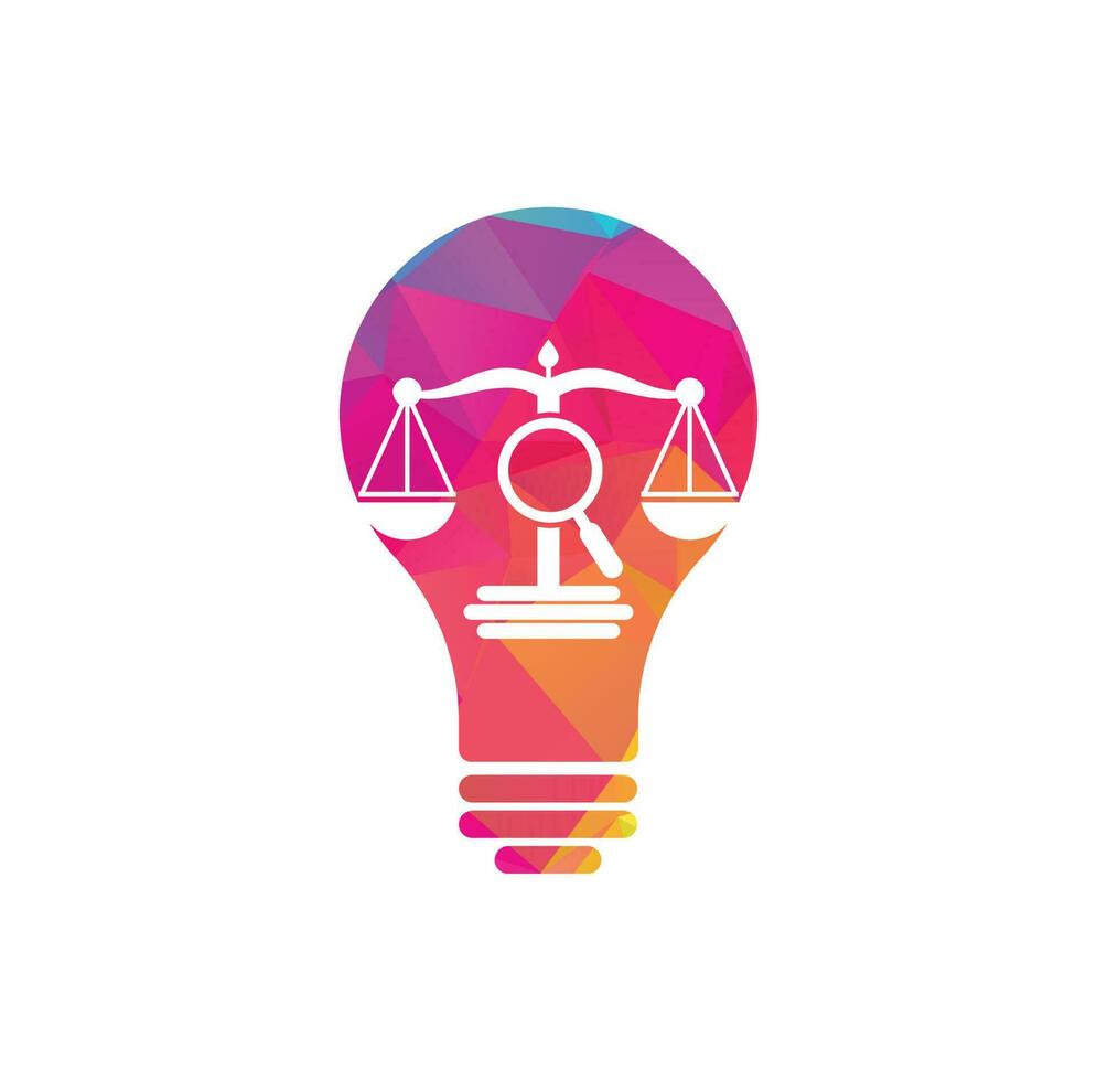 encuentre la plantilla vectorial del logotipo de la bombilla de justicia, conceptos creativos de diseño del logotipo del bufete de abogados. logotipo de bufete de abogados de lupa vector
