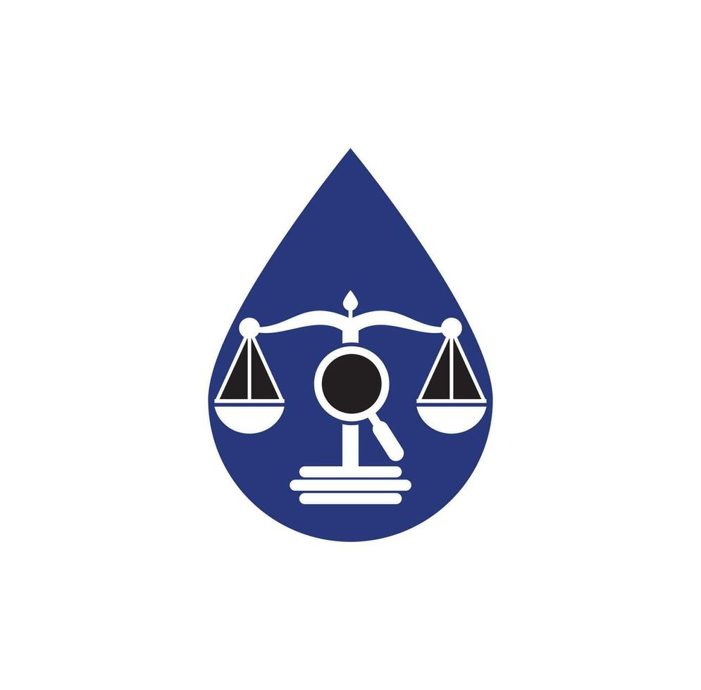 encuentre la plantilla vectorial del logotipo de gota de justicia, conceptos creativos de diseño del logotipo del bufete de abogados. logotipo de bufete de abogados de lupa vector