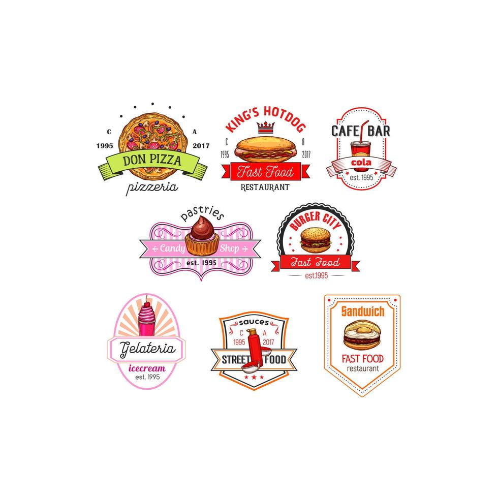 Fast food cafe, pizzeria, pastry shop badge set vector