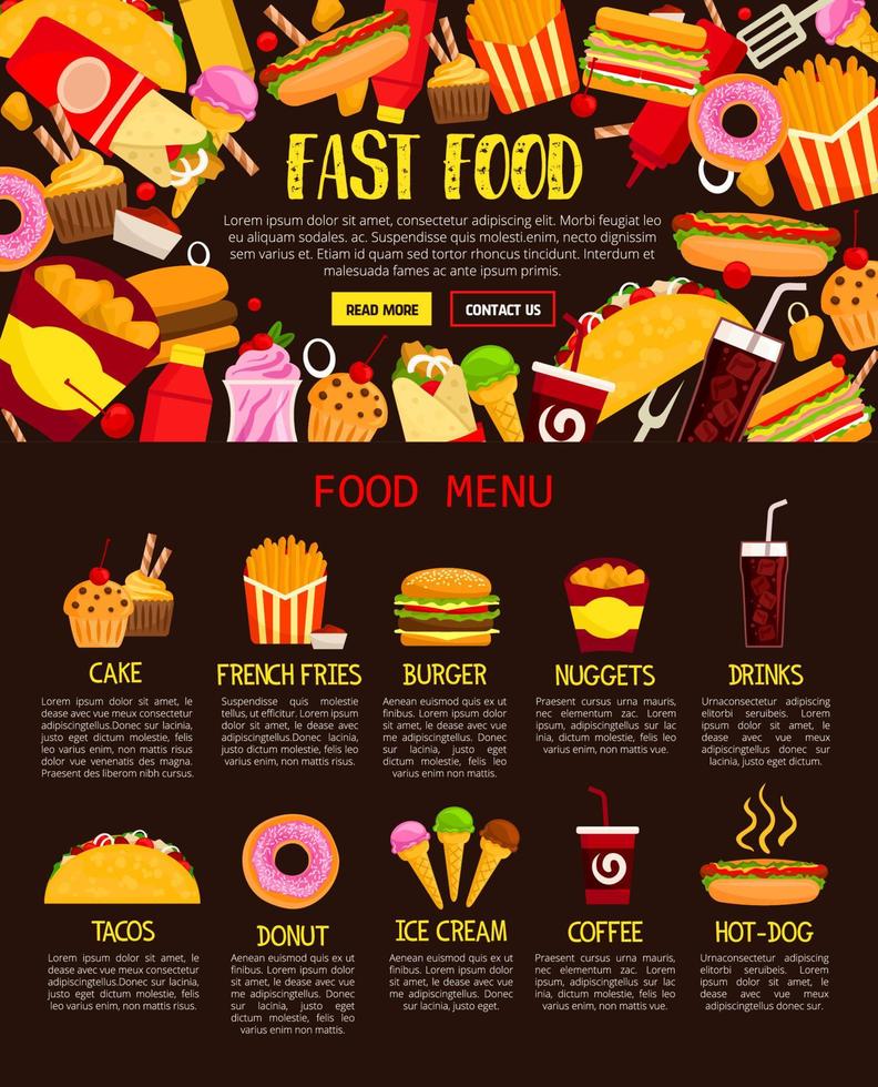 Fast food menu web banner of lunch meal and drink vector