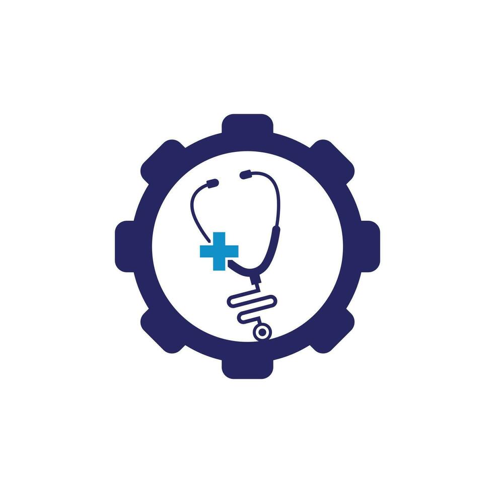 Stethoscope cross gear shape logo design. Medical health vector health logo with cross and stethoscope icon symbol.