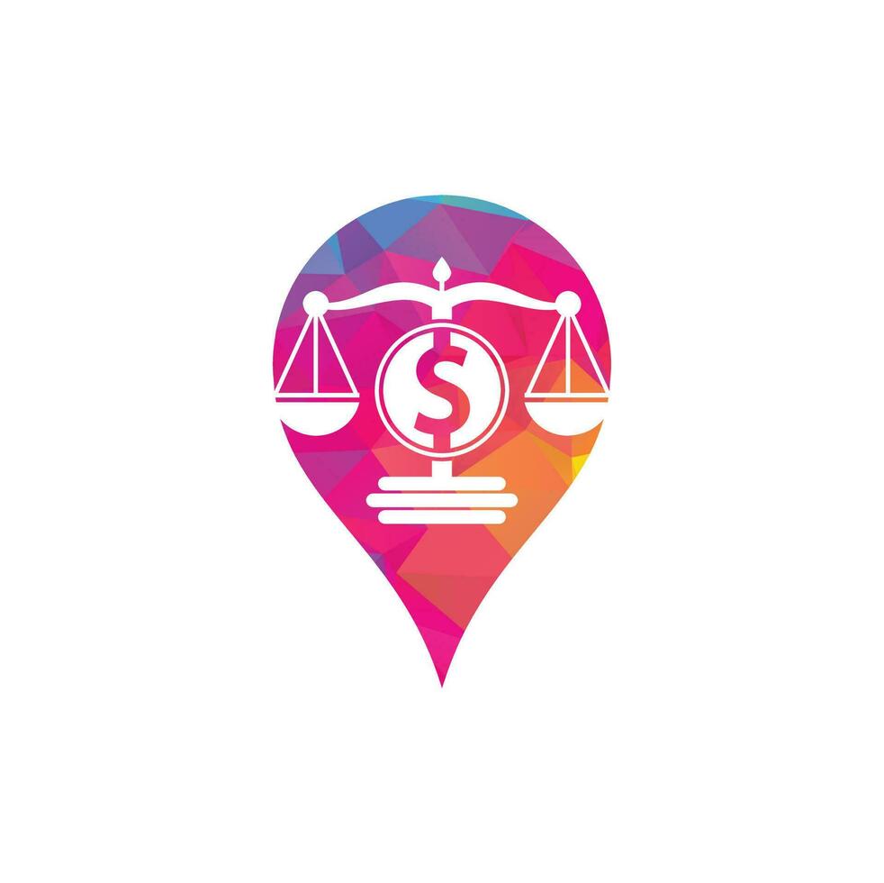 diseño de logotipo de vector de forma de pin de mapa de bufete de abogados de dinero. concepto de finanzas icono de escala de logotipo y símbolo de dólar