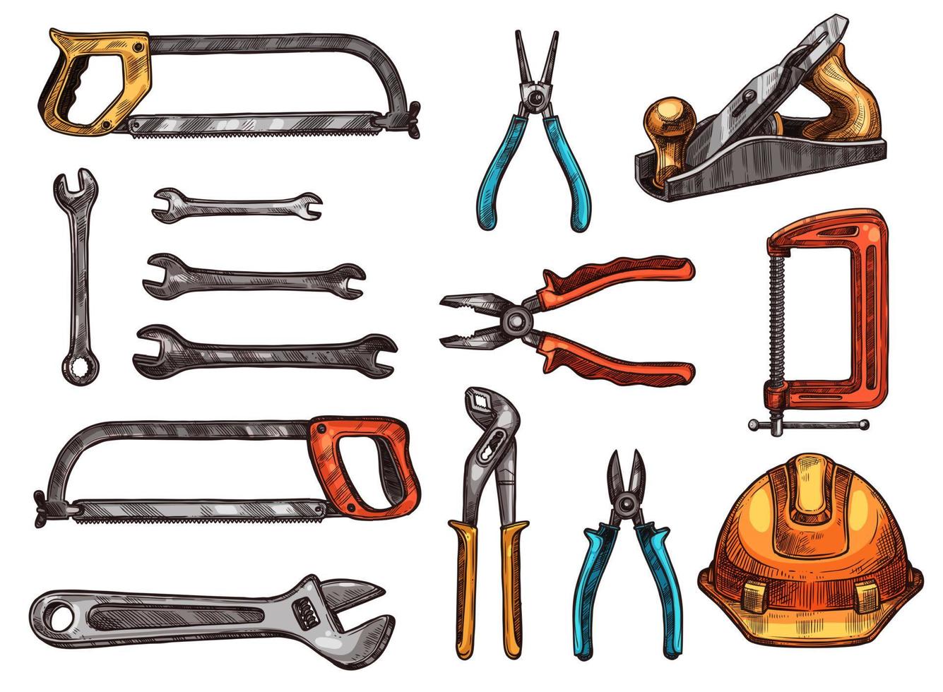 herramienta de mano, bocetos aislados de instrumentos de trabajo vector