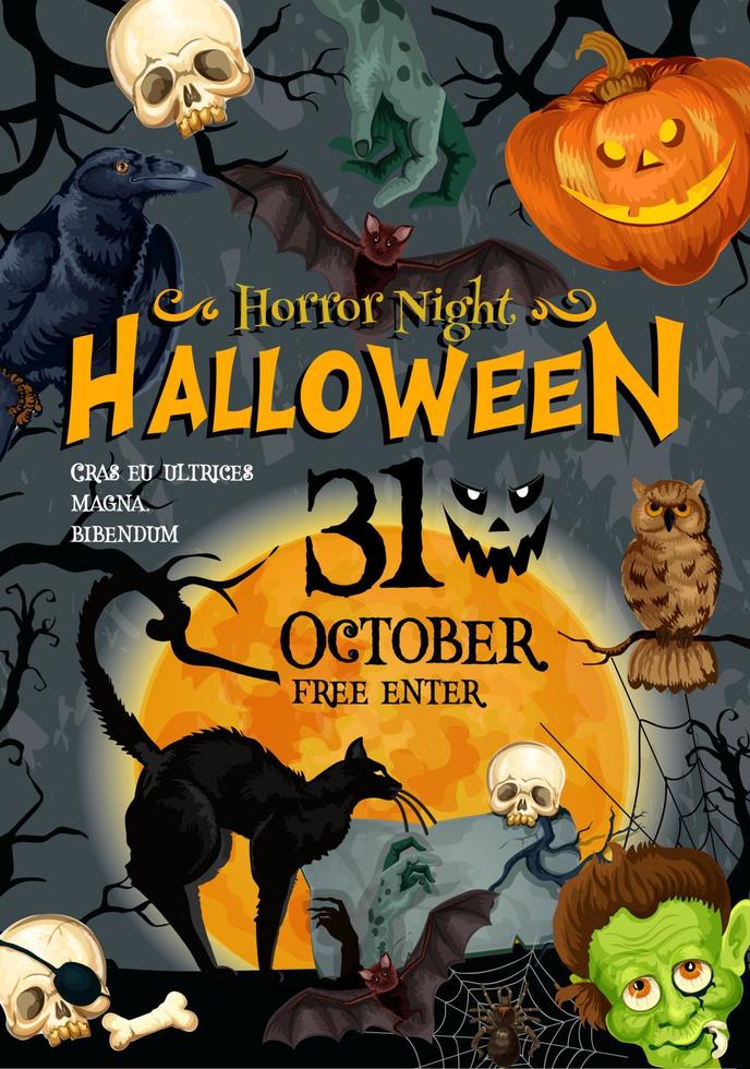 cartel de noche de monstruo de vector de fiesta de halloween