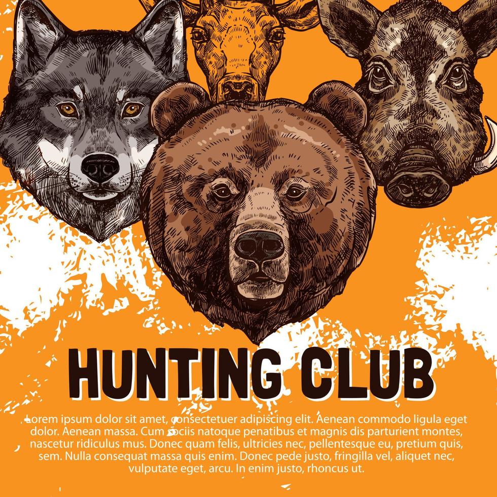 cartel de dibujo vectorial del club de caza de animales salvajes vector