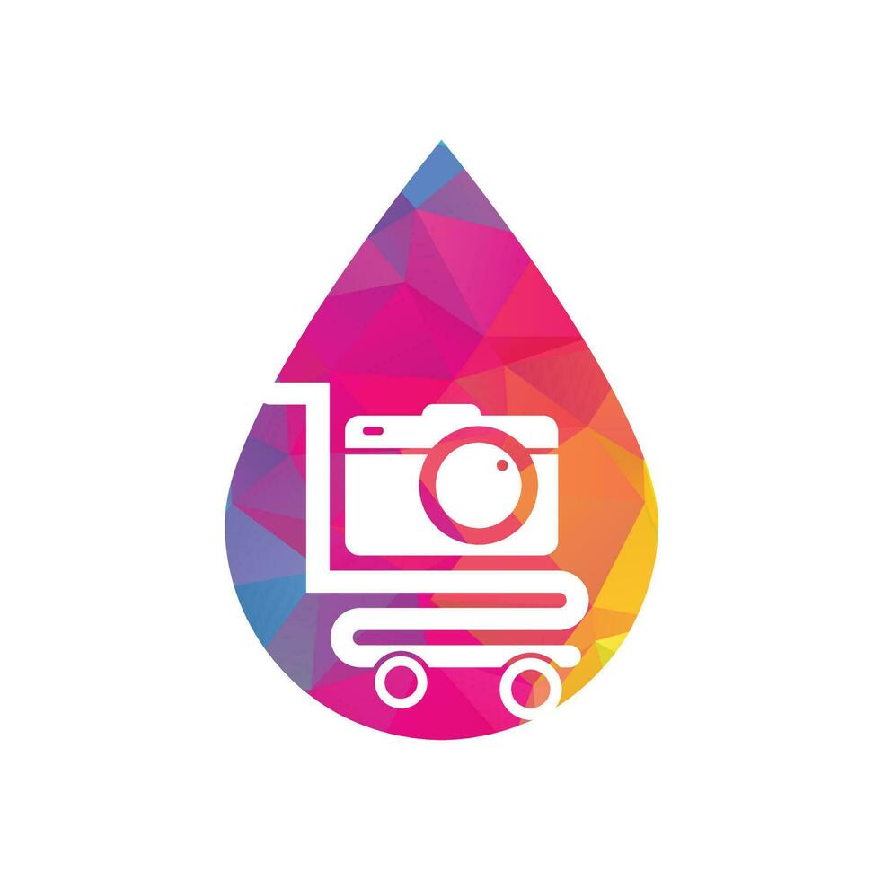 Camera Shop drop shape concept Logo vector icon. Shopping Cart with Camera Lens Logo Design Template.