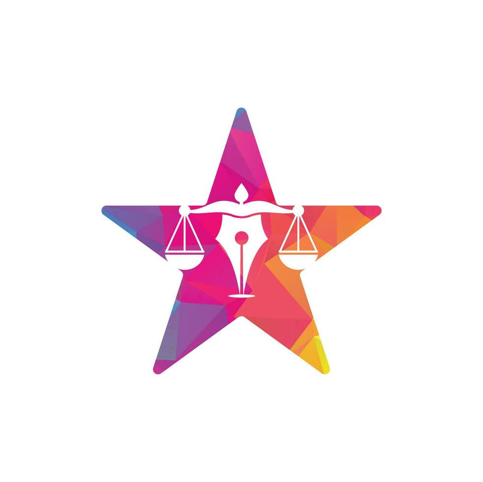 ley de pluma con plantilla de diseño de logotipo de vector de forma de estrella. vector del logotipo de la ley con equilibrio judicial. escala de justicia en una pluma.