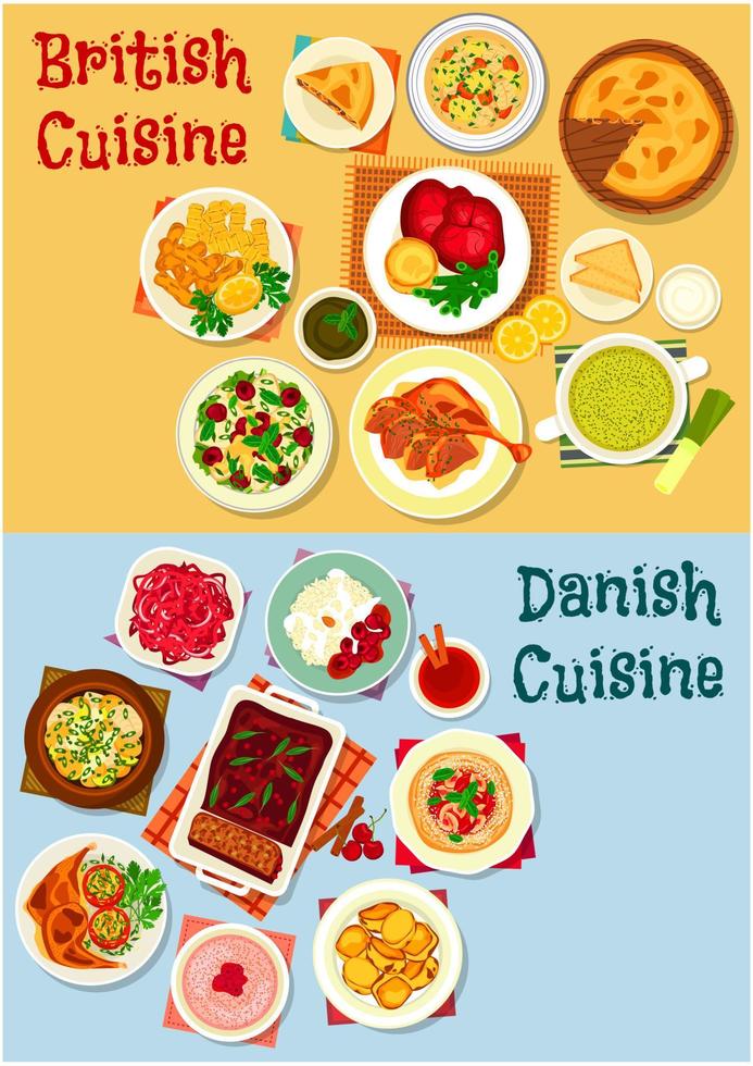 British and danish cuisine icon set design vector