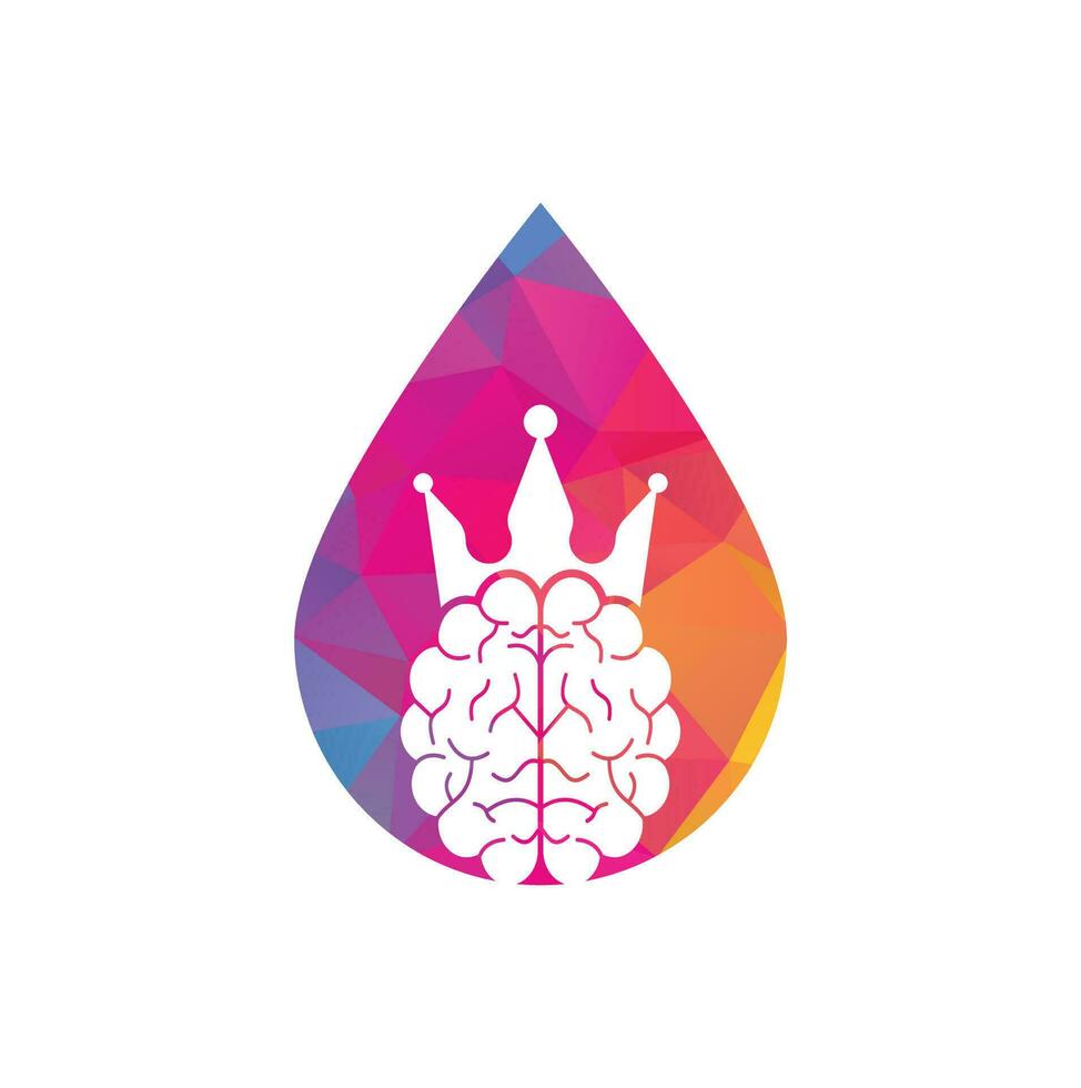 Diseño de icono de logotipo de forma de gota de cerebro de corona. diseño de logotipo de vector de rey inteligente. cerebro humano con diseño de icono de corona.