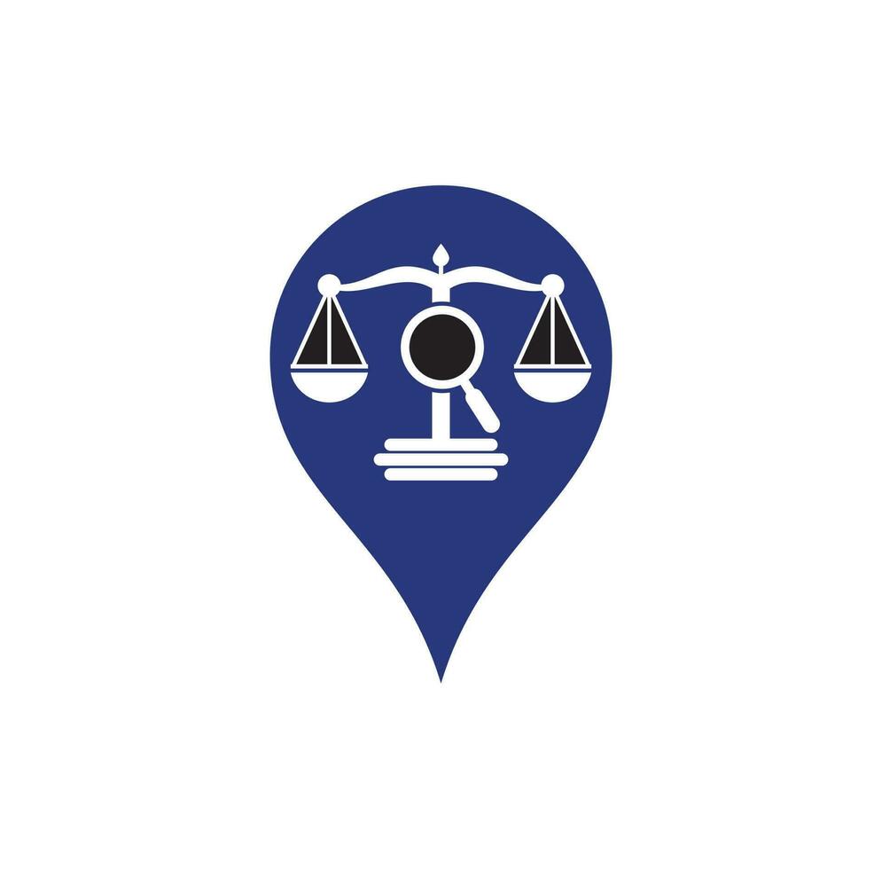 encuentre la plantilla vectorial del logotipo del punto del mapa de justicia, conceptos creativos de diseño del logotipo del bufete de abogados. logotipo de bufete de abogados de lupa vector