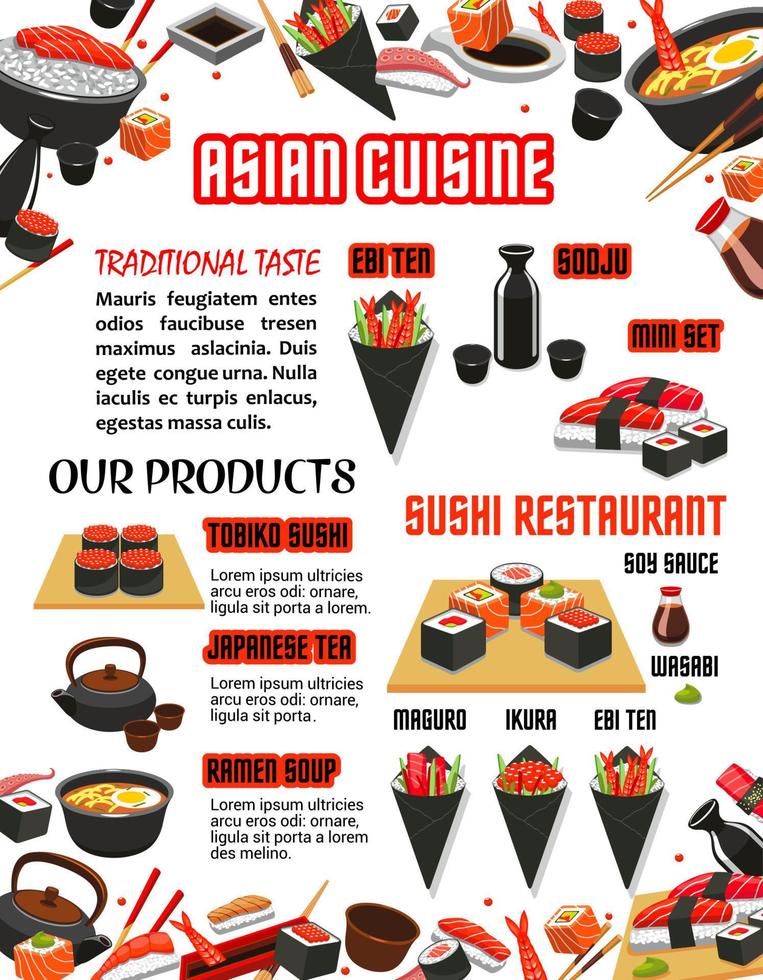 Vector menu for Japanese food sushi bar restaurant