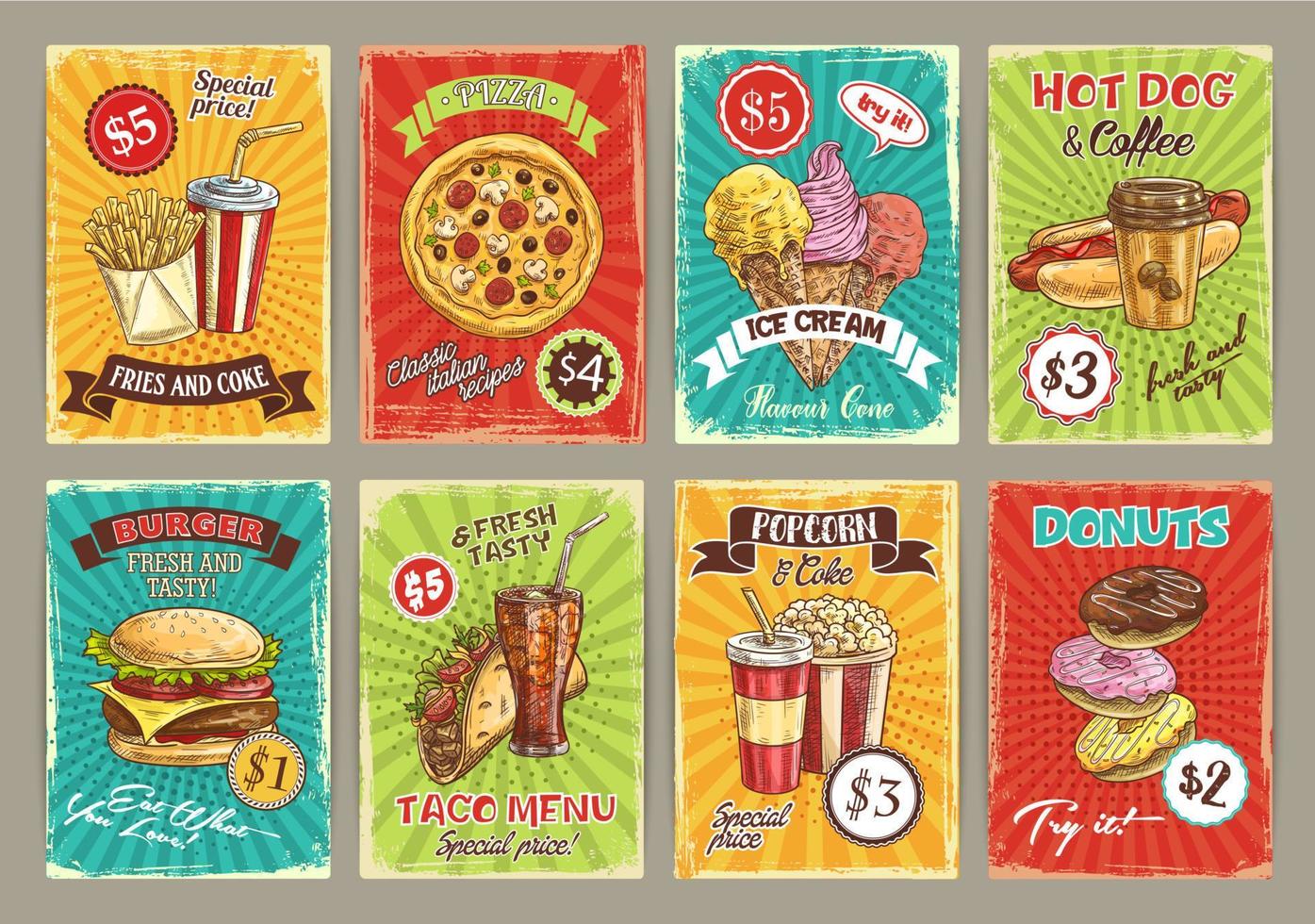 Vector price cards for fastfood meals restaurant