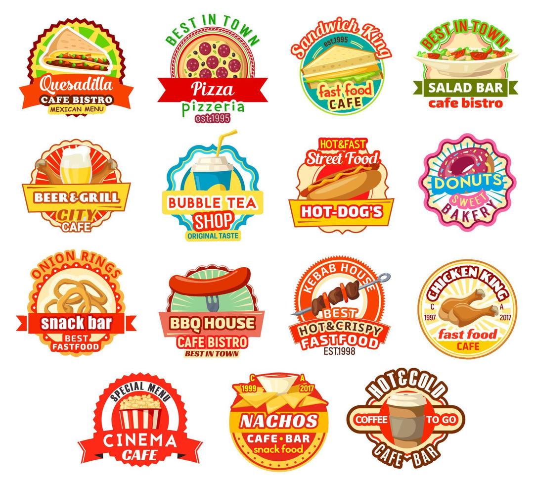 restaurante de comida rápida vectorial o iconos de cafetería de comida rápida vector