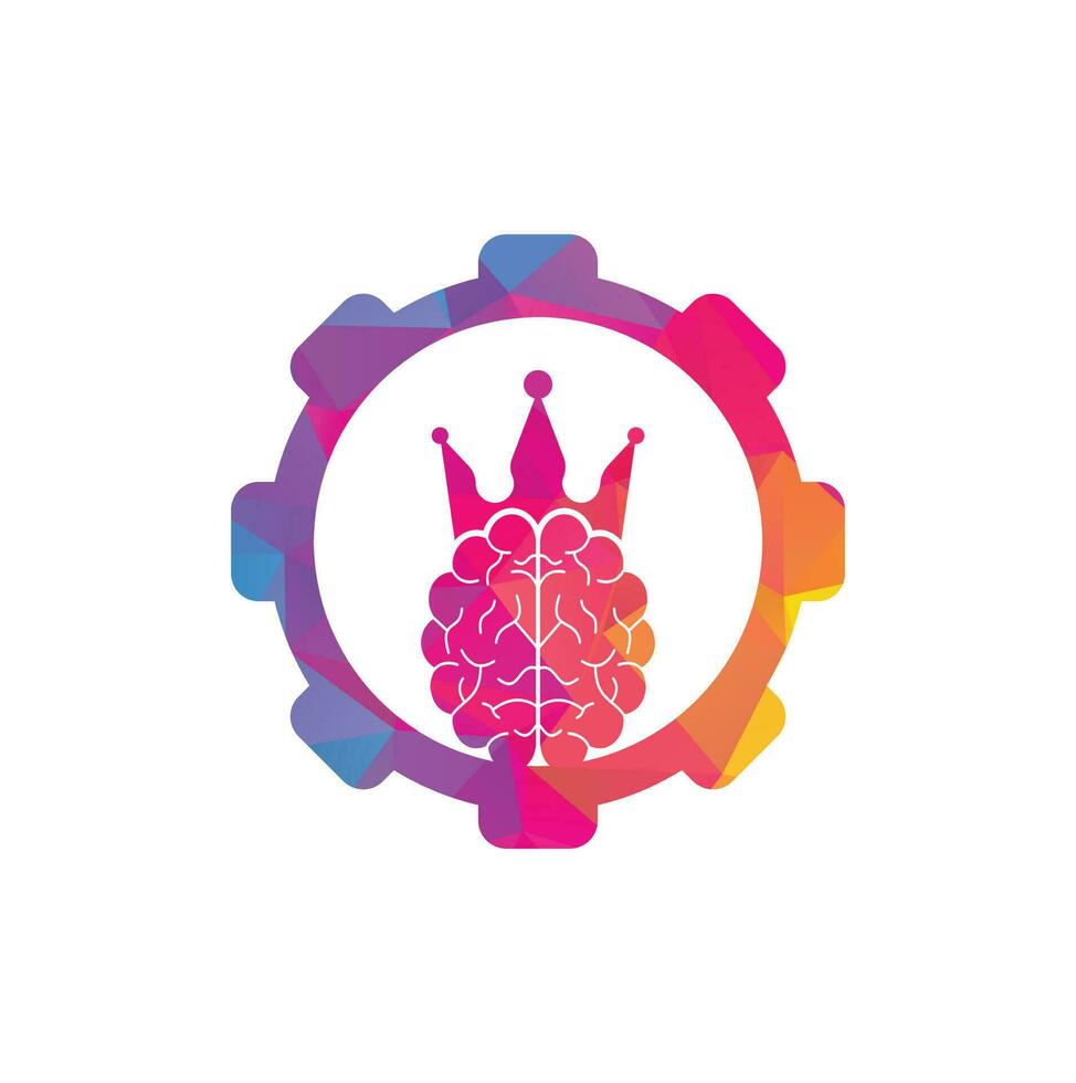 cerebro de corona y diseño de icono de logotipo de forma de engranaje. diseño de logotipo de vector de rey inteligente. cerebro humano con diseño de icono de corona.