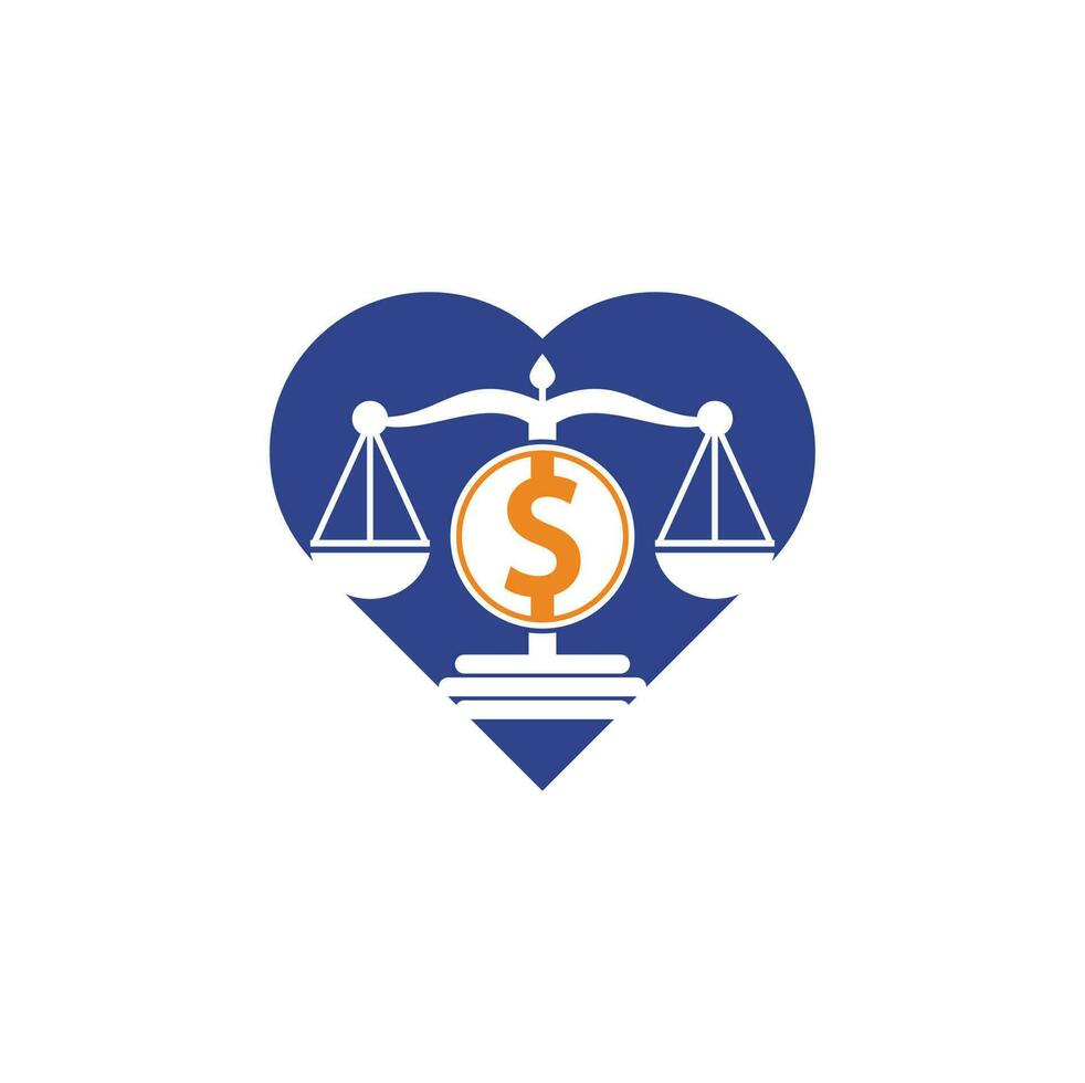 diseño de logotipo de vector de forma de corazón de bufete de abogados de dinero. concepto de finanzas escala de logotipo e icono de símbolo de dólar.