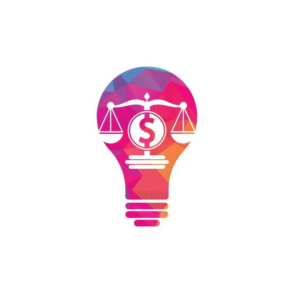 diseño de logotipo vectorial de forma de bulbo de bufete de abogados de dinero. concepto de finanzas icono de escala de logotipo y símbolo de dólar vector