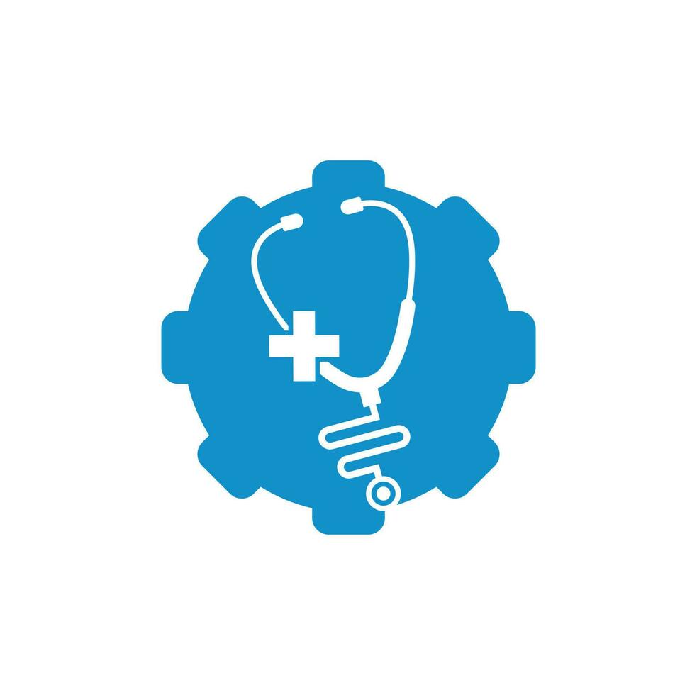 Stethoscope cross gear shape logo design. Medical health vector health logo with cross and stethoscope icon symbol.