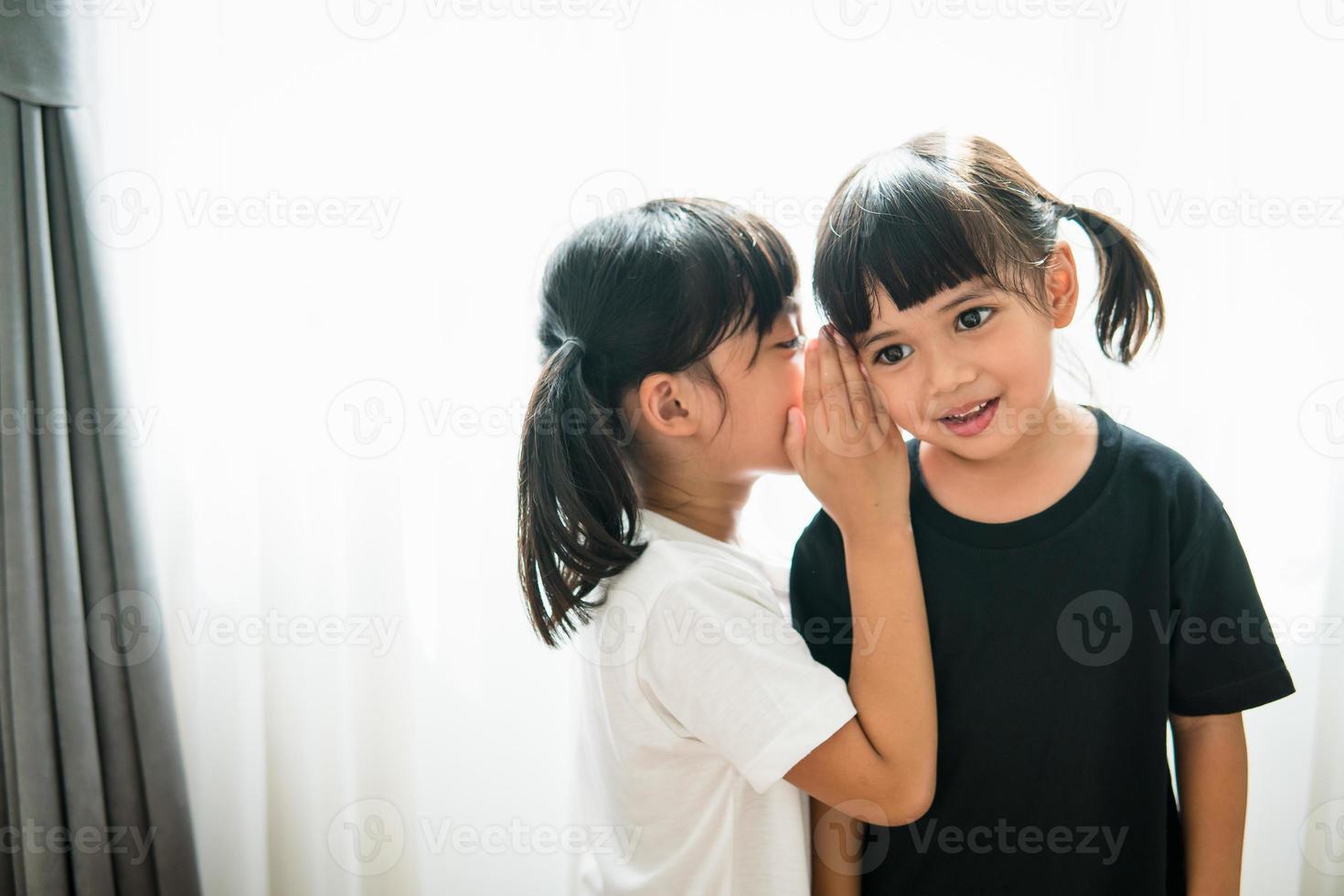 happy little Asian siblings sharing secrets photo