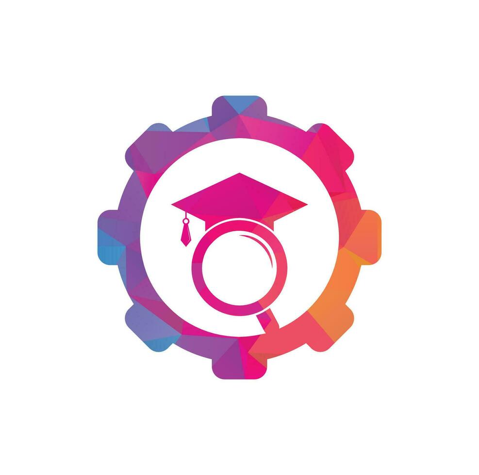 logotipo de concepto de forma de engranaje de educación de búsqueda. sombrero graduado y diseño de logotipo de lupa. plantilla de logotipo de vector de buscador de estudiantes.