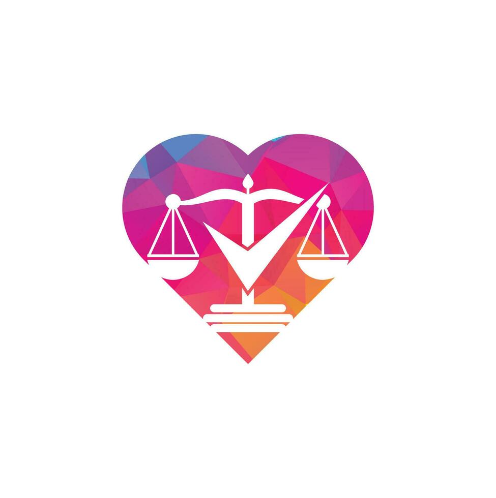 compruebe el vector del logotipo de la forma del corazón del bufete de abogados. diseño del logotipo vectorial del bufete de abogados. escala de ley con diseño de vector de icono de signo de verificación.