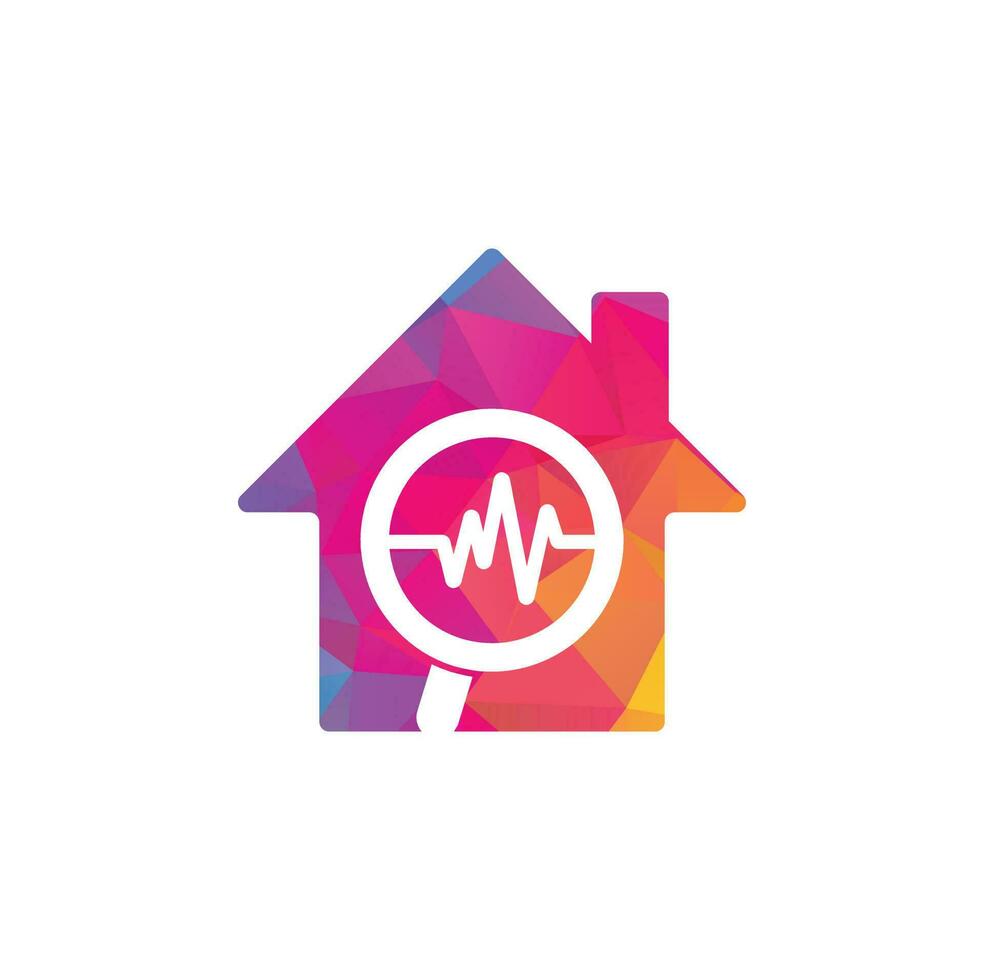 Find pulse home shape logo designs concept. Magnifier and heartbeat logo template. Pulse trace and loupe vector