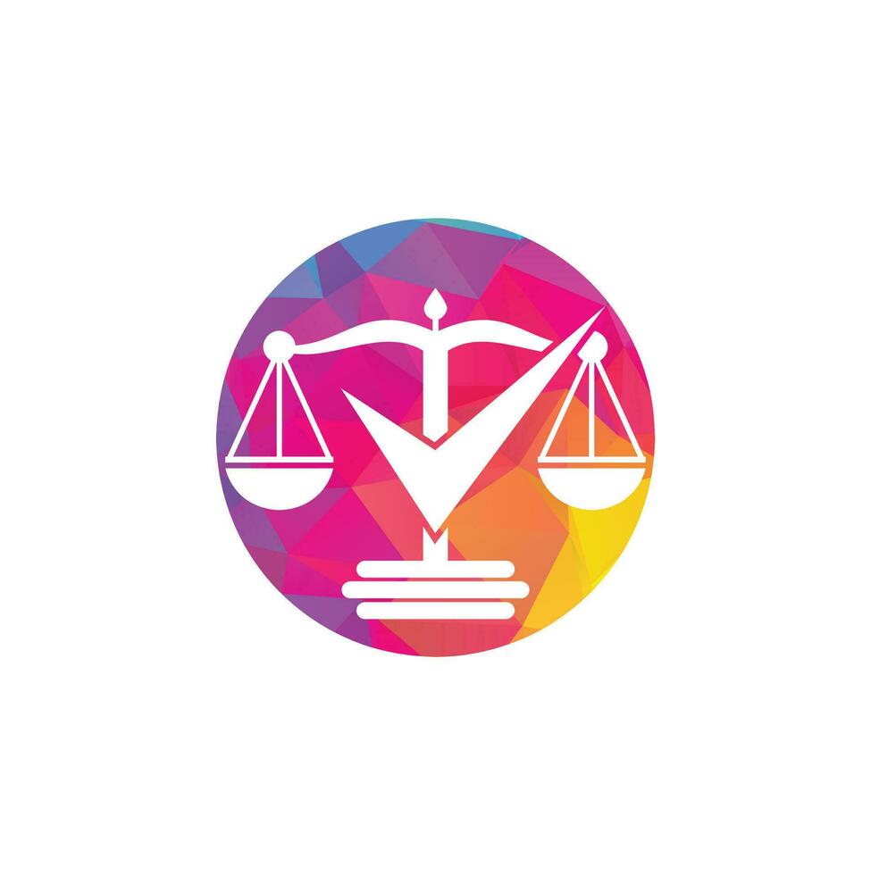 diseño del logotipo vectorial del bufete de abogados. escala de ley con diseño de vector de icono de signo de verificación.