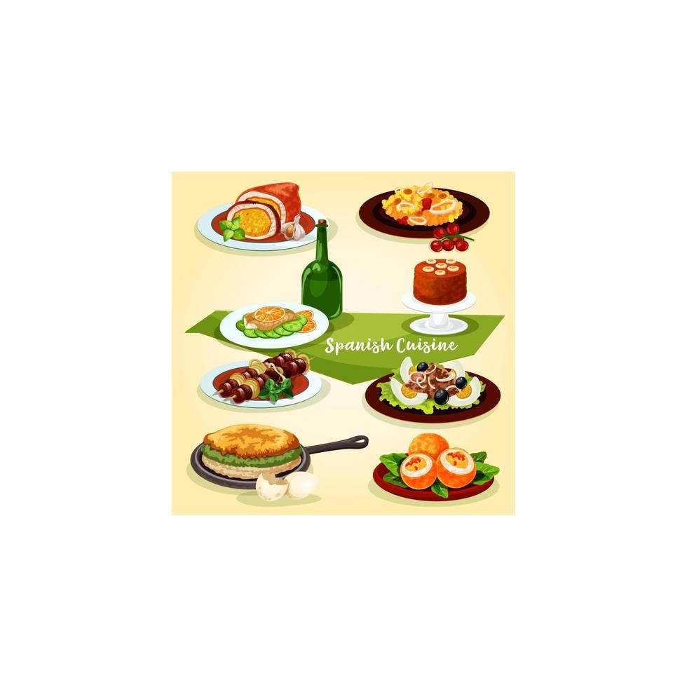 Spanish cuisine lunch with dessert cartoon icon vector