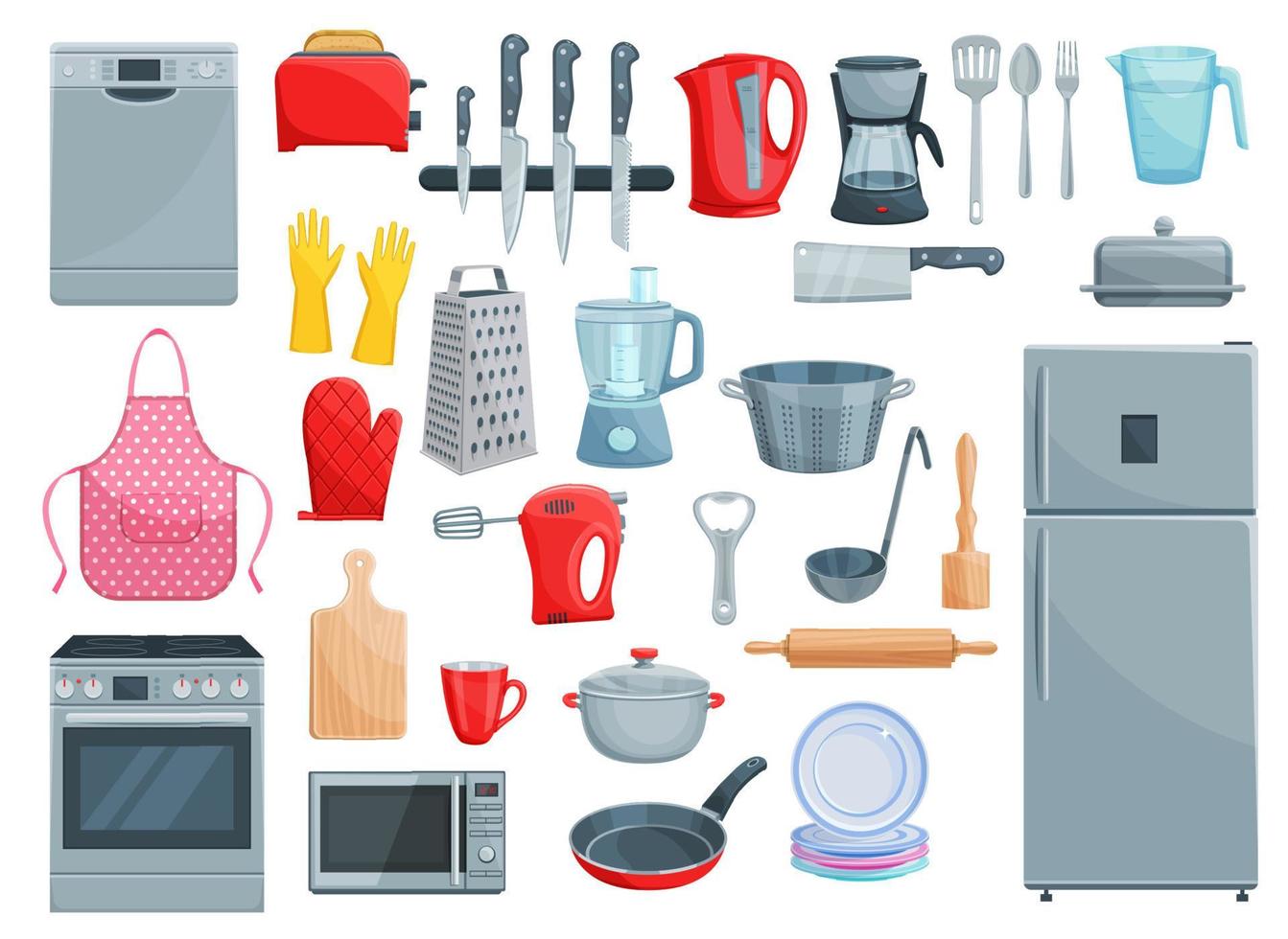 Kitchen appliances and dishware vector icons set