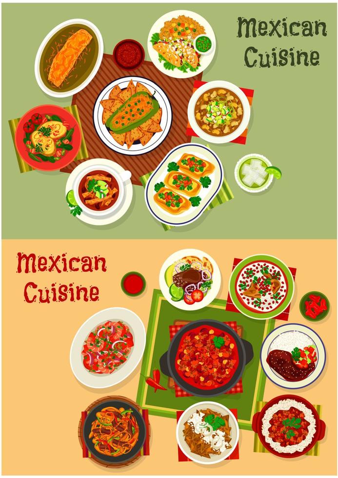 Mexican cuisine dishes dinner set vector