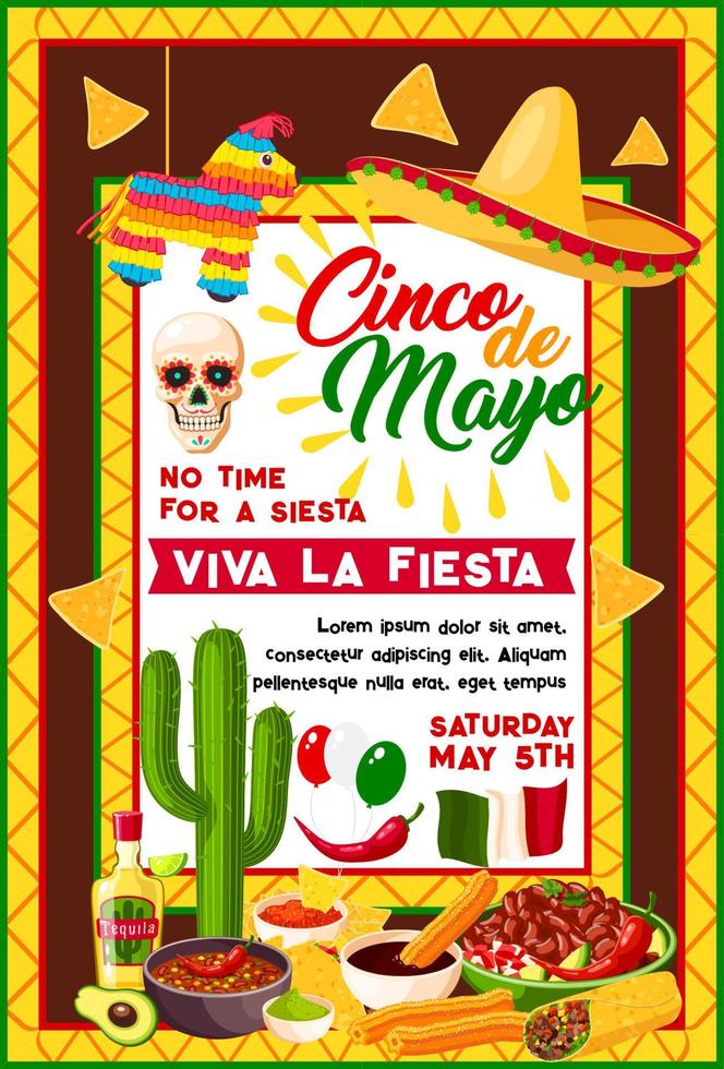 pancarta mexicana cinco de mayo con símbolos festivos vector