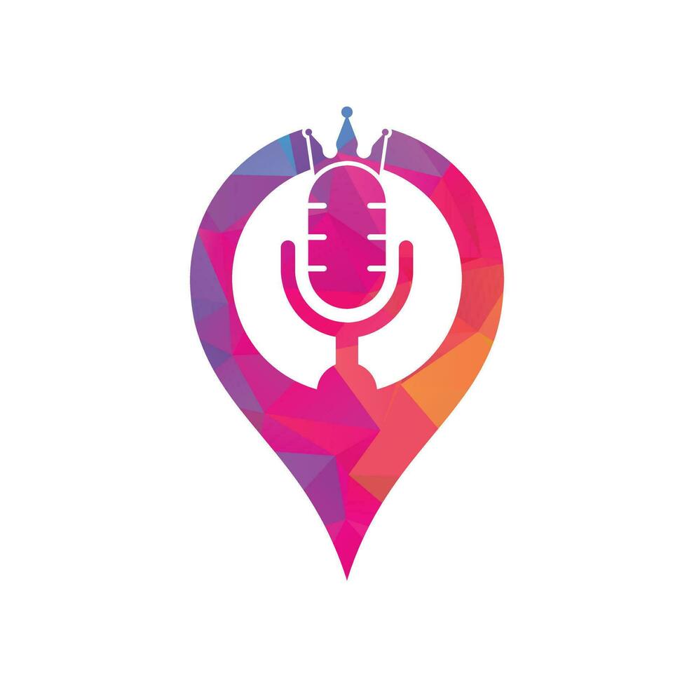 Podcast king and gps shape vector logo design. King music logo design concept.