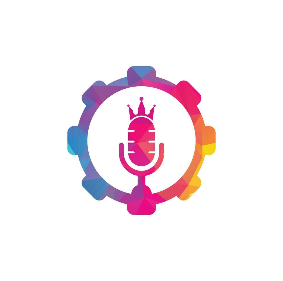 podcast king y diseño de logotipo vectorial de forma de engranaje. concepto de diseño del logo de la música king. vector